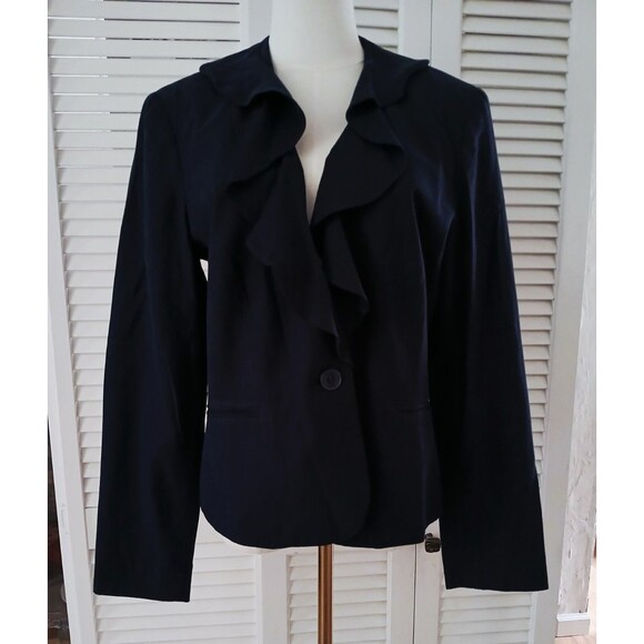 Chaps Women's Silk & Cotton Blend Blazer with Ruffle Neckline Size 12 Navy Blue - Picture 5 of 14